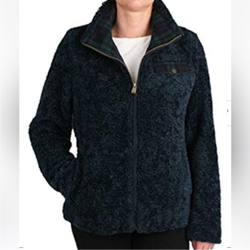 Pendleton Fuzzy Sherpa Wool Blend Full Zip Jacket Blue Graphite Plaid